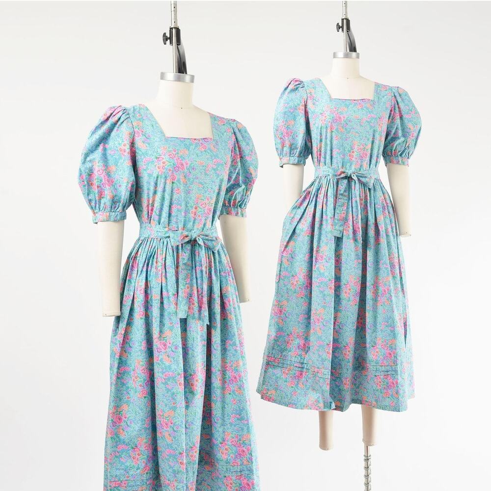 Vintage 80s Blue Floral Cotton Puff Sleeve Cottagecore Prairie Midi Belt Dress M